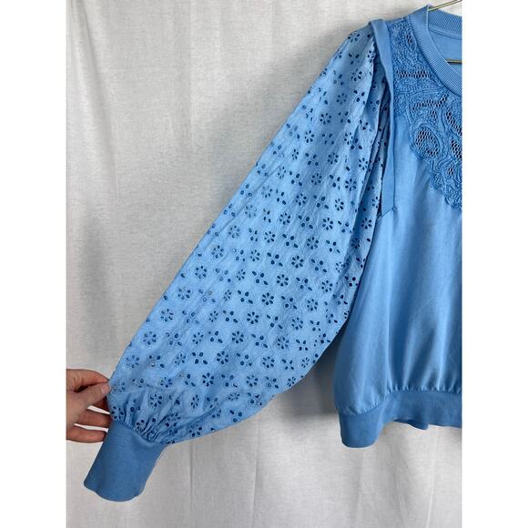 Anthropologie Top Blue Eyelet Lace Pullover Boho Chic Western Rodeo Feminine - Picture 3 of 8
